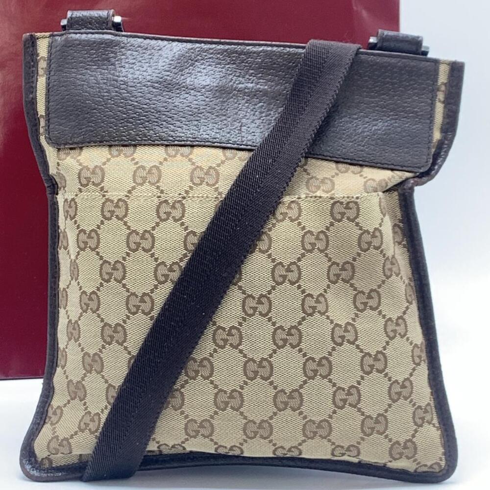 GUCCI GG Canvas Shoulder Bag Crossbody Sacoche Clutch Leather Brown - Picture 2 of 10